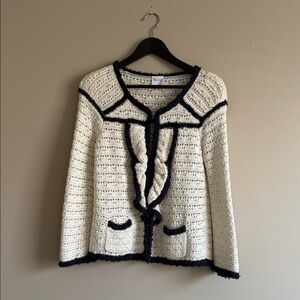 RED Valentino Cream Open Knit Cardigan with Navy Trim